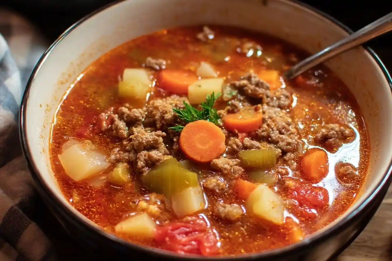 A close-up shot of a hearty bowl of Hamburger Soup filled with ground beef, potatoes, and carrots, garnished with fresh dill.