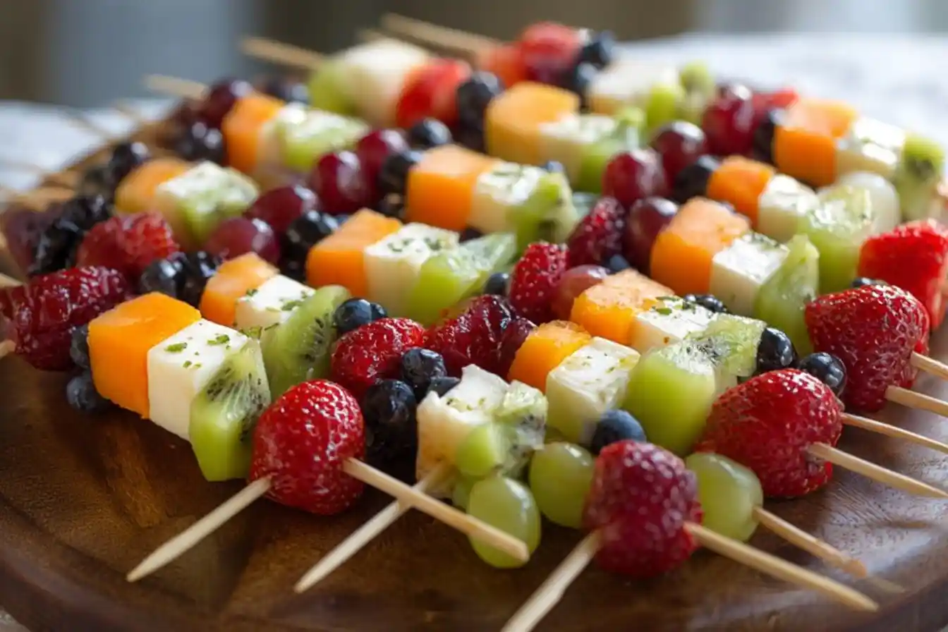A close-up of colorful fruit skewers with fresh berries, melon, kiwi, and cheese arranged on a wooden platter.