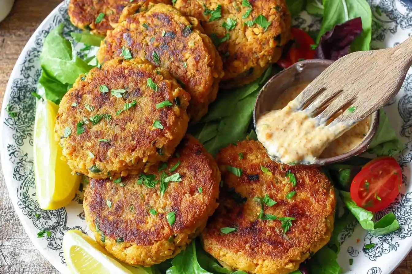 A plate of golden-brown {{ $('Fetch Recipe Data').first().json["Main Keyword"] }} served on a bed of greens with a dipping sauce and lemon wedges.