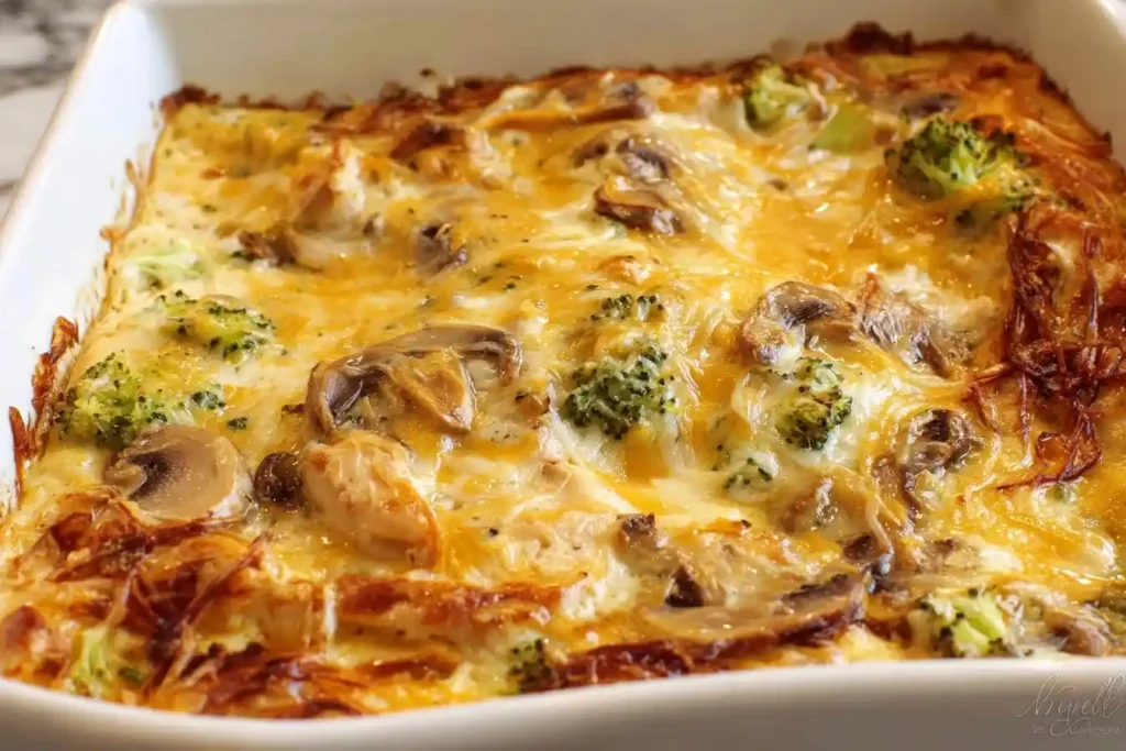 A close-up of a cheesy chicken broccoli casserole with mushrooms, fresh from the oven in a white baking dish.