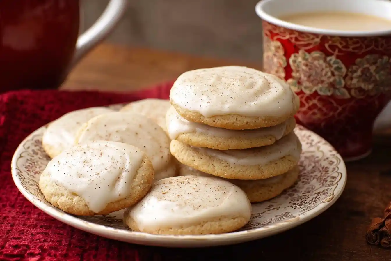 A plate of soft, frosted Eggnog Cookies sprinkled with nutmeg, with a stack of cookies next to a warm beverage.