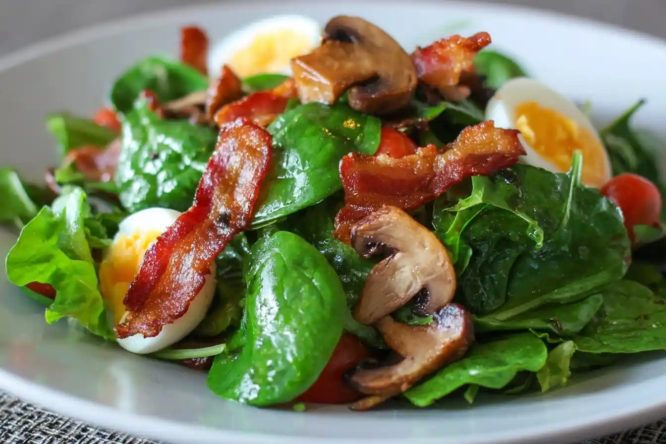 A close-up of a delicious warm spinach salad topped with crispy bacon, sautéed mushrooms, and sliced hard-boiled eggs.
