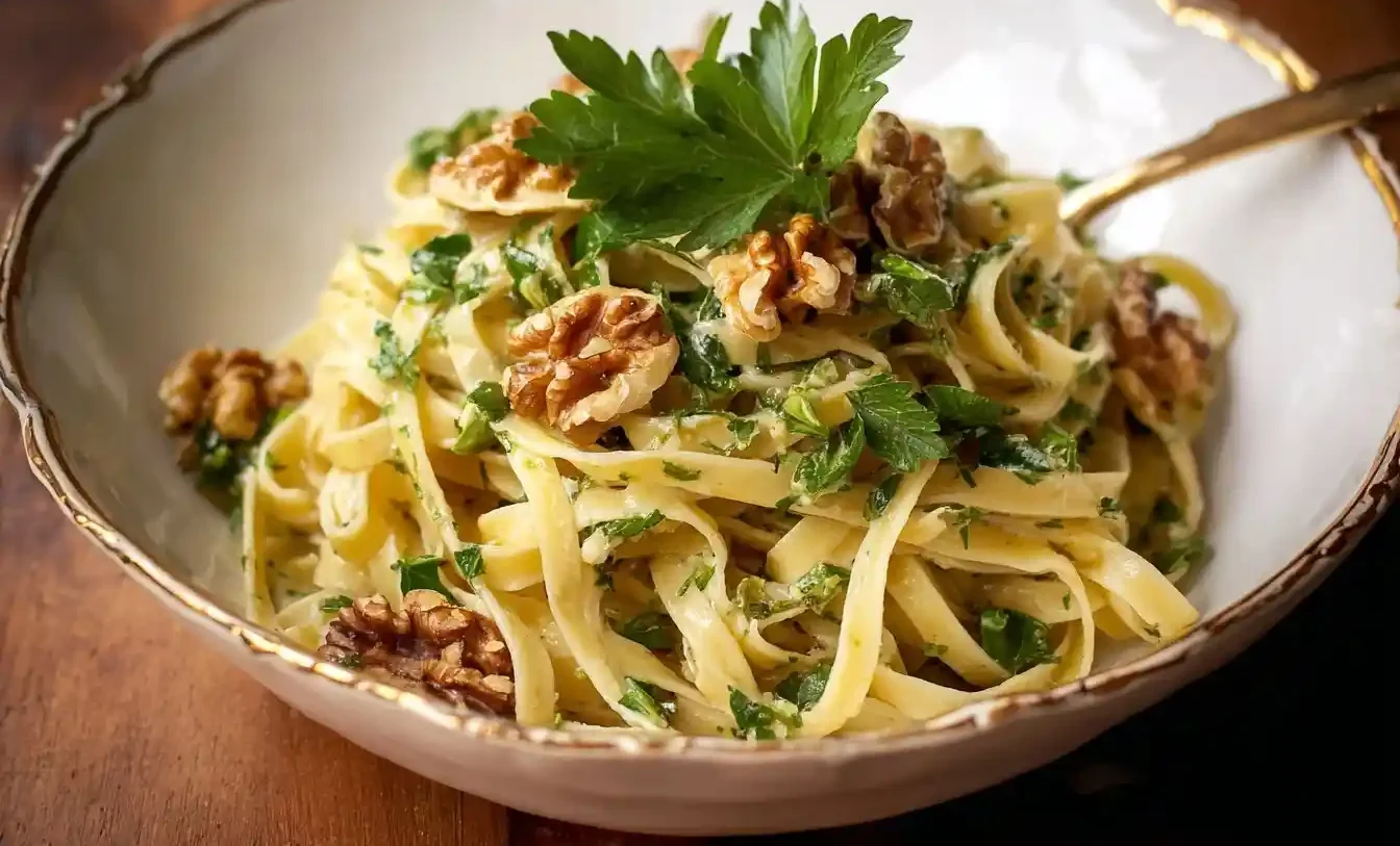 A close-up of a rustic white bowl filled with creamy Walnut Sauce Pasta, garnished with fresh parsley and crunchy walnuts.