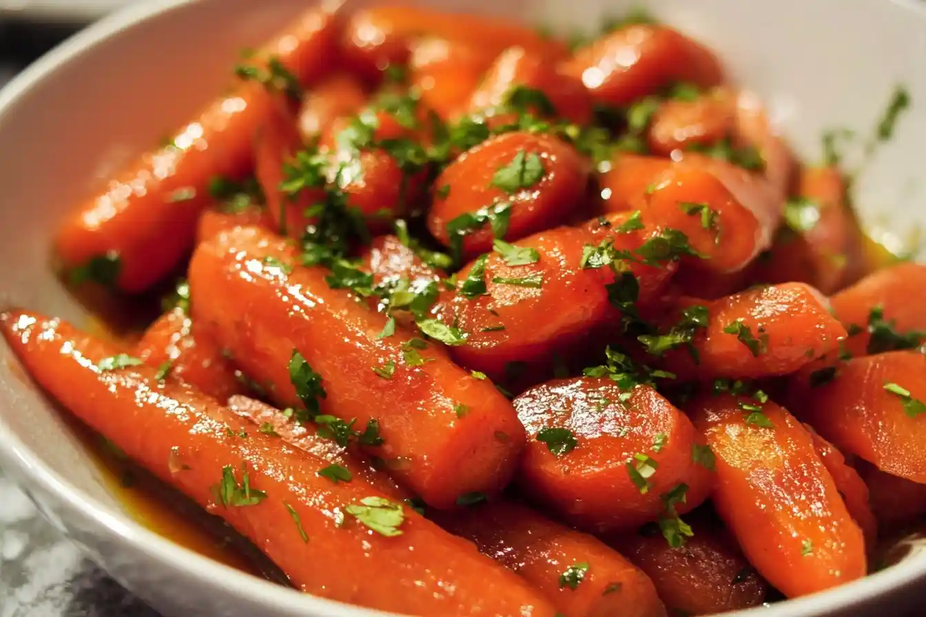 A close-up of a white bowl filled with perfectly tender glazed carrots, garnished with fresh chopped parsley.