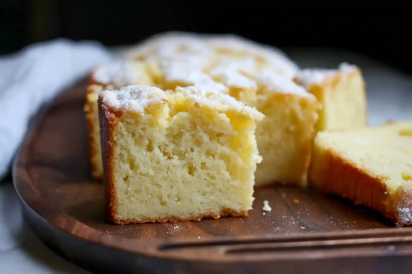 A close-up shot of a fluffy and moist slice of {{ $('Fetch Recipe Data').first().json["Main Keyword"] }} dusted with powdered sugar on a wooden platter.