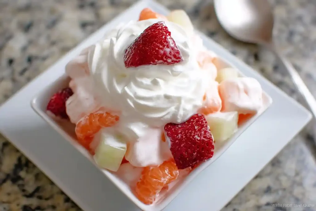 A close-up shot of a white bowl of creamy fruit salad, topped with a large swirl of whipped cream and a fresh strawberry.