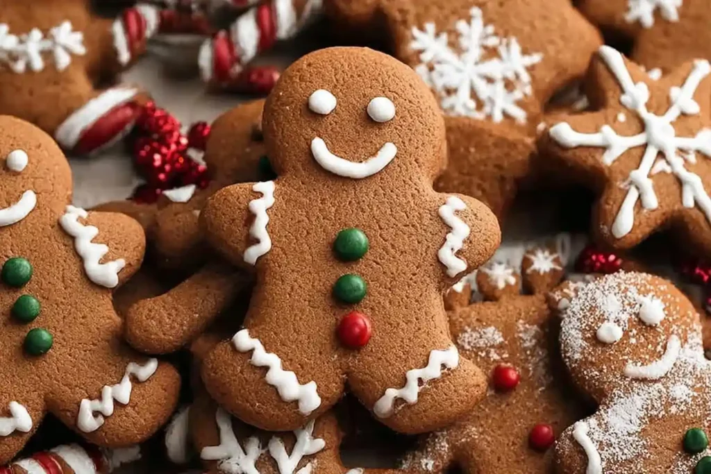A close-up of a decorated gingerbread man cookie with a smile, surrounded by other festive Christmas cookies.