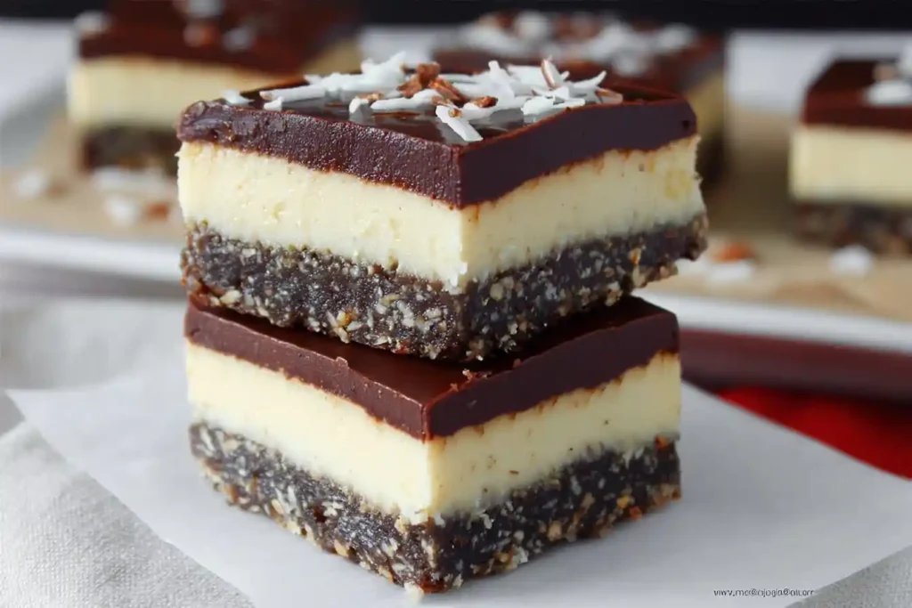 Two classic Nanaimo Bars stacked, showing the chocolate coconut base, creamy custard middle, and rich chocolate topping with coconut flakes.