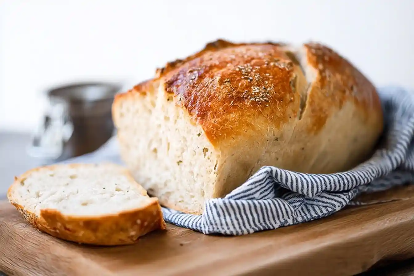 A sliced loaf of golden-brown Homemade Bread resting on a wooden cutting board and a blue striped towel.