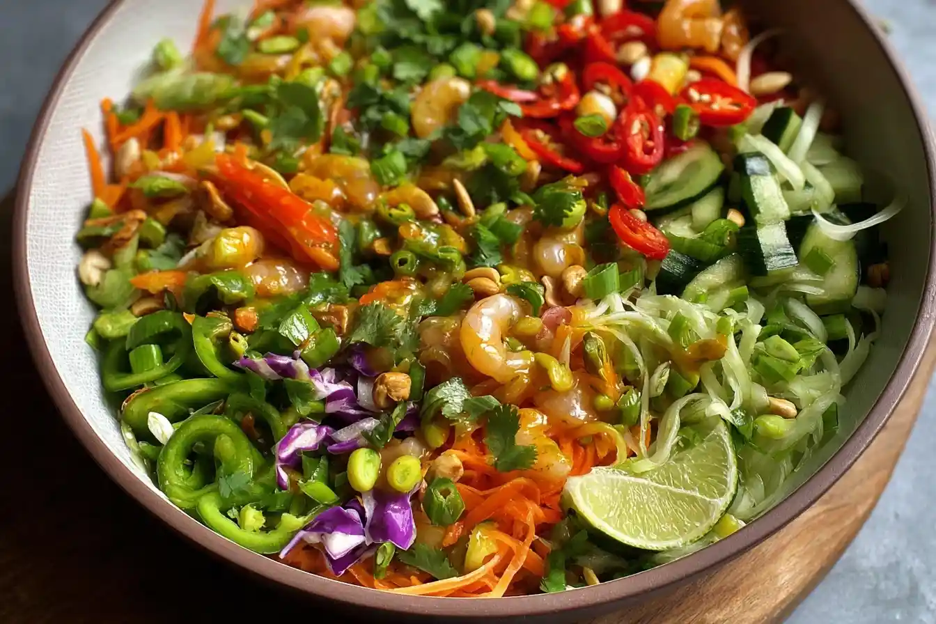 A close-up of a colorful Thai Shrimp Salad in a large bowl, with fresh vegetables, peanuts, and a lime wedge.