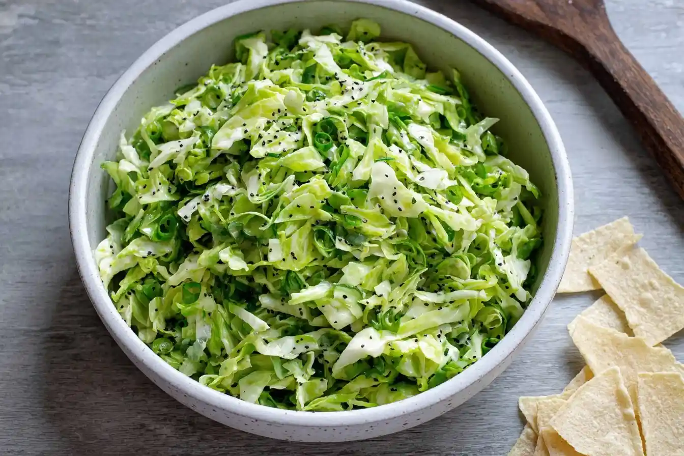 A large white bowl filled with a fresh and creamy Cabbage Slaw, garnished with green onions and black sesame seeds.