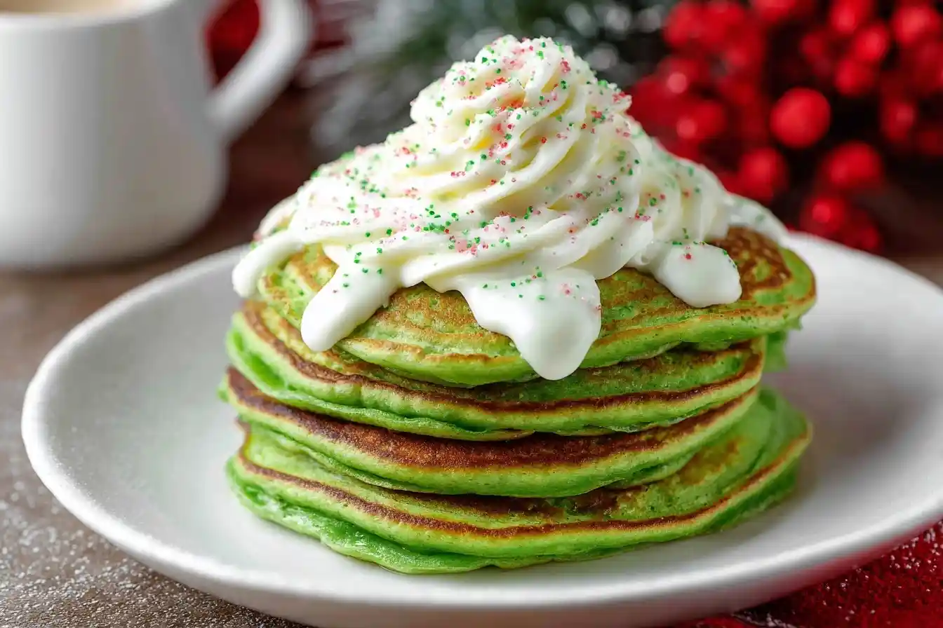 A festive stack of fluffy Green Pancakes on a white plate, topped with whipped cream and red and green sprinkles.