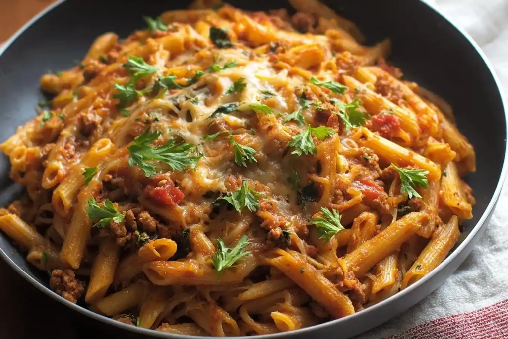 A close-up of a skillet filled with a cheesy one pan pasta dish, topped with melted cheese and fresh parsley.