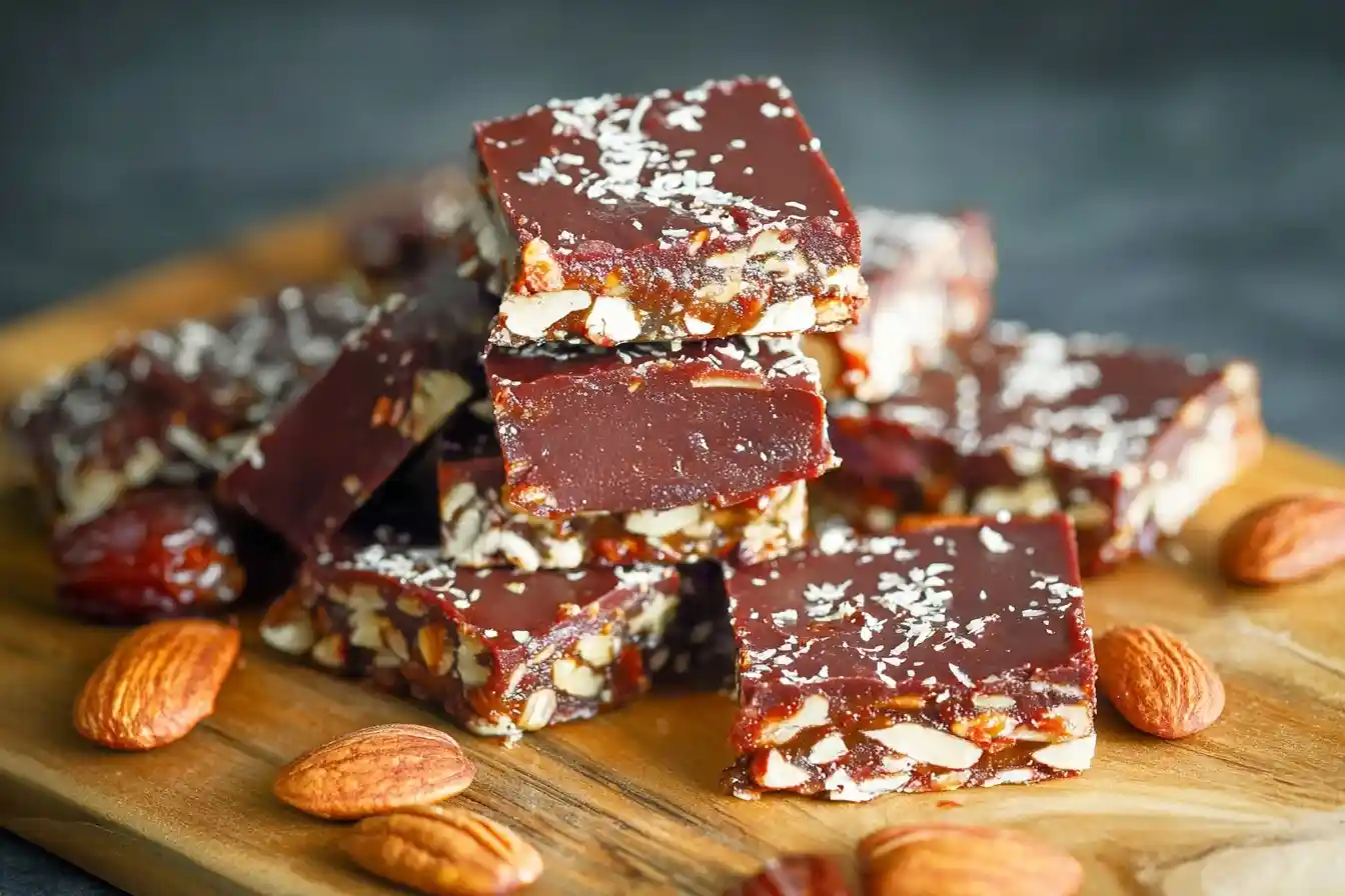 A stack of homemade chocolate almond bars sprinkled with shredded coconut, sitting on a wooden cutting board with whole almonds.