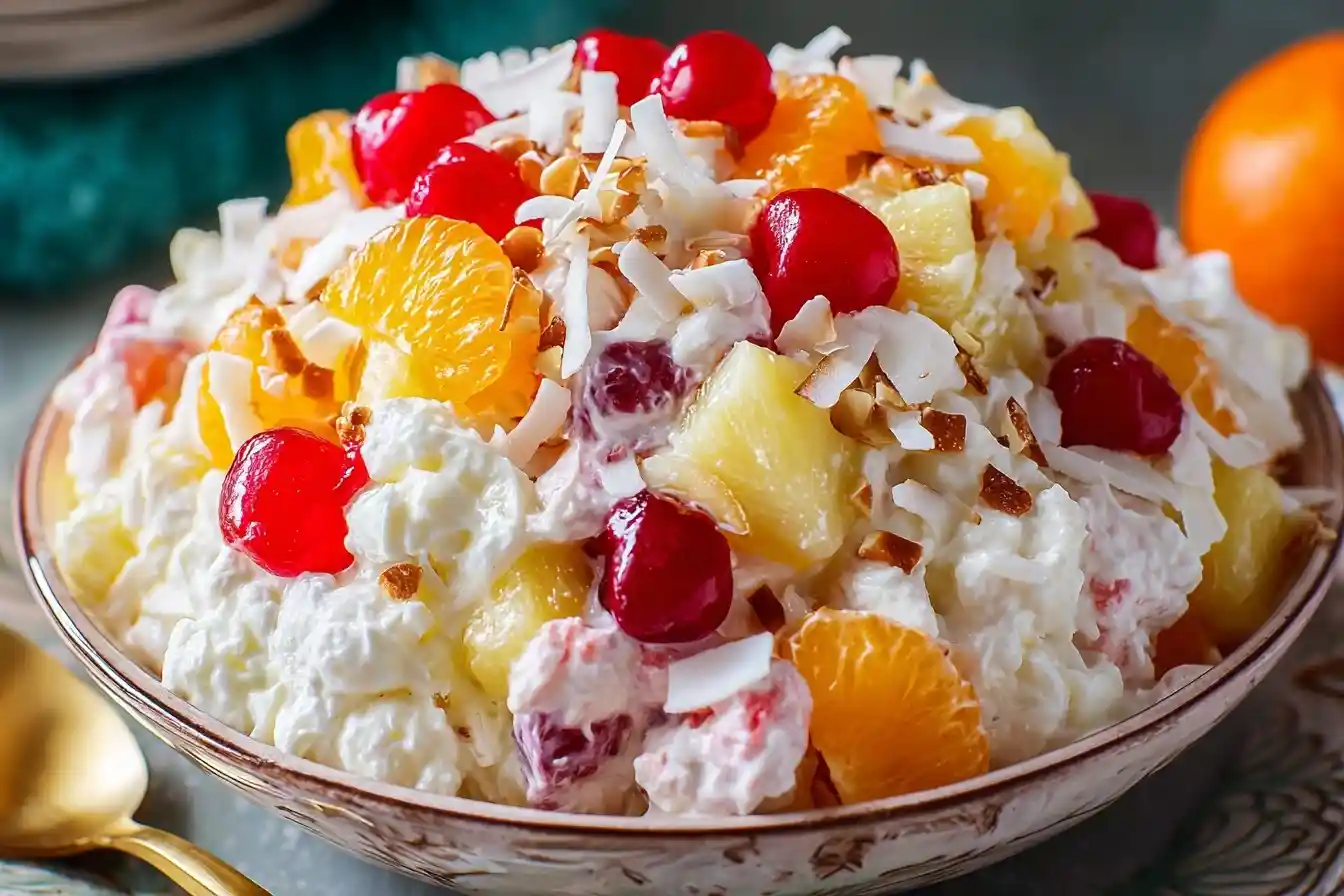 A close-up of a large bowl of creamy Ambrosia Salad topped with mandarin oranges, cherries, pineapple, and toasted coconut.