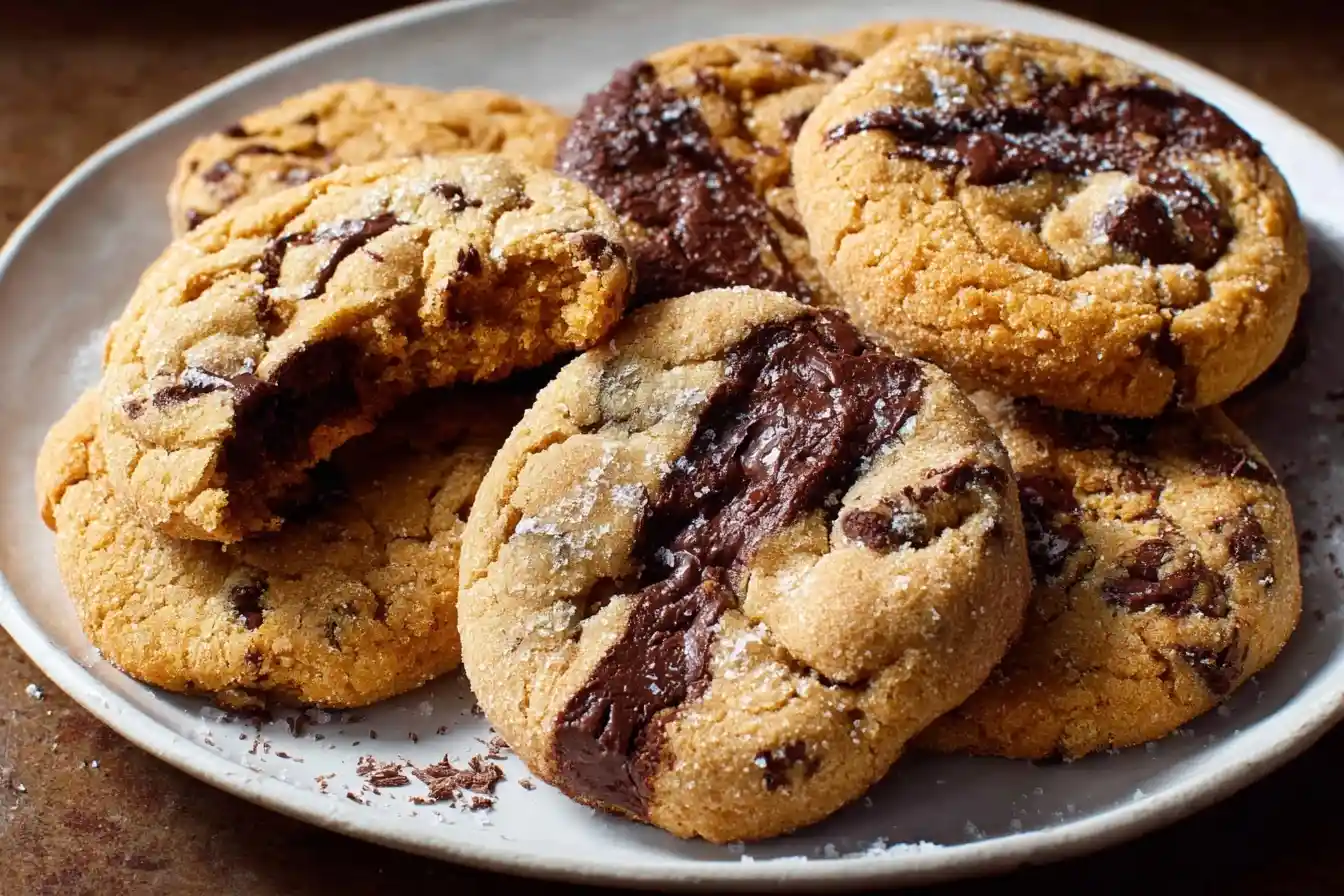 A white plate of freshly baked chocolate chip cookies, with one broken to show the gooey, melted chocolate center.