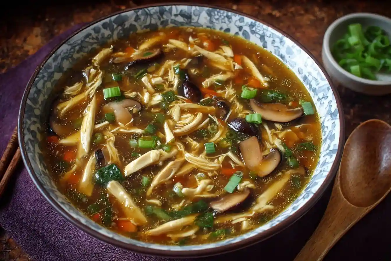 A close-up of a decorative bowl filled with homemade Hot and Sour Soup, featuring shredded chicken and mushrooms.