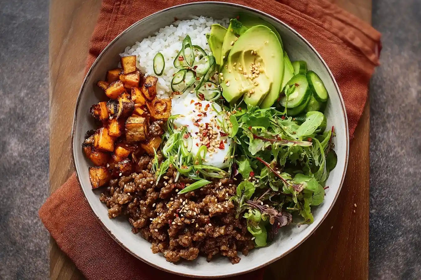 A colorful ground beef bowl with rice, avocado, roasted sweet potatoes, mixed greens, and a poached egg, viewed from above.