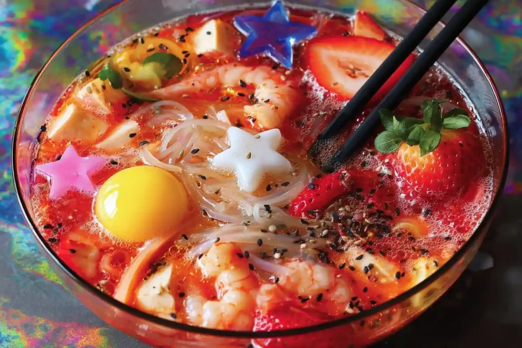 A colorful bowl of strawberry noodle soup with shrimp, tofu, an egg yolk, and colorful star-shaped garnishes.