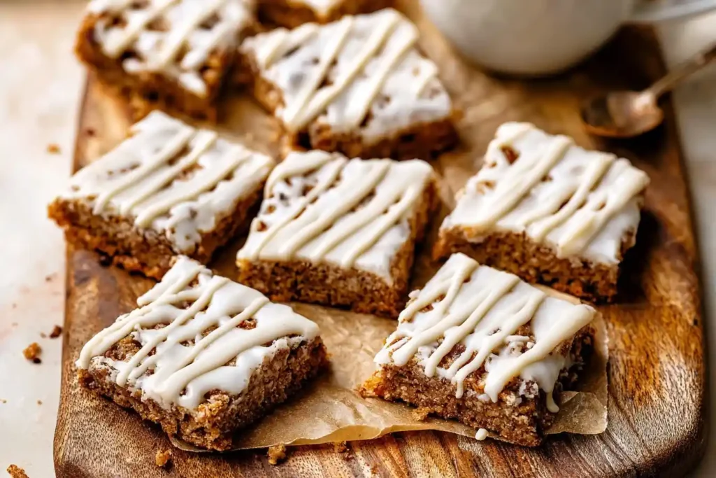 A close-up of several Frosted Oatmeal Bars with a white icing drizzle, arranged on a wooden board with parchment paper.