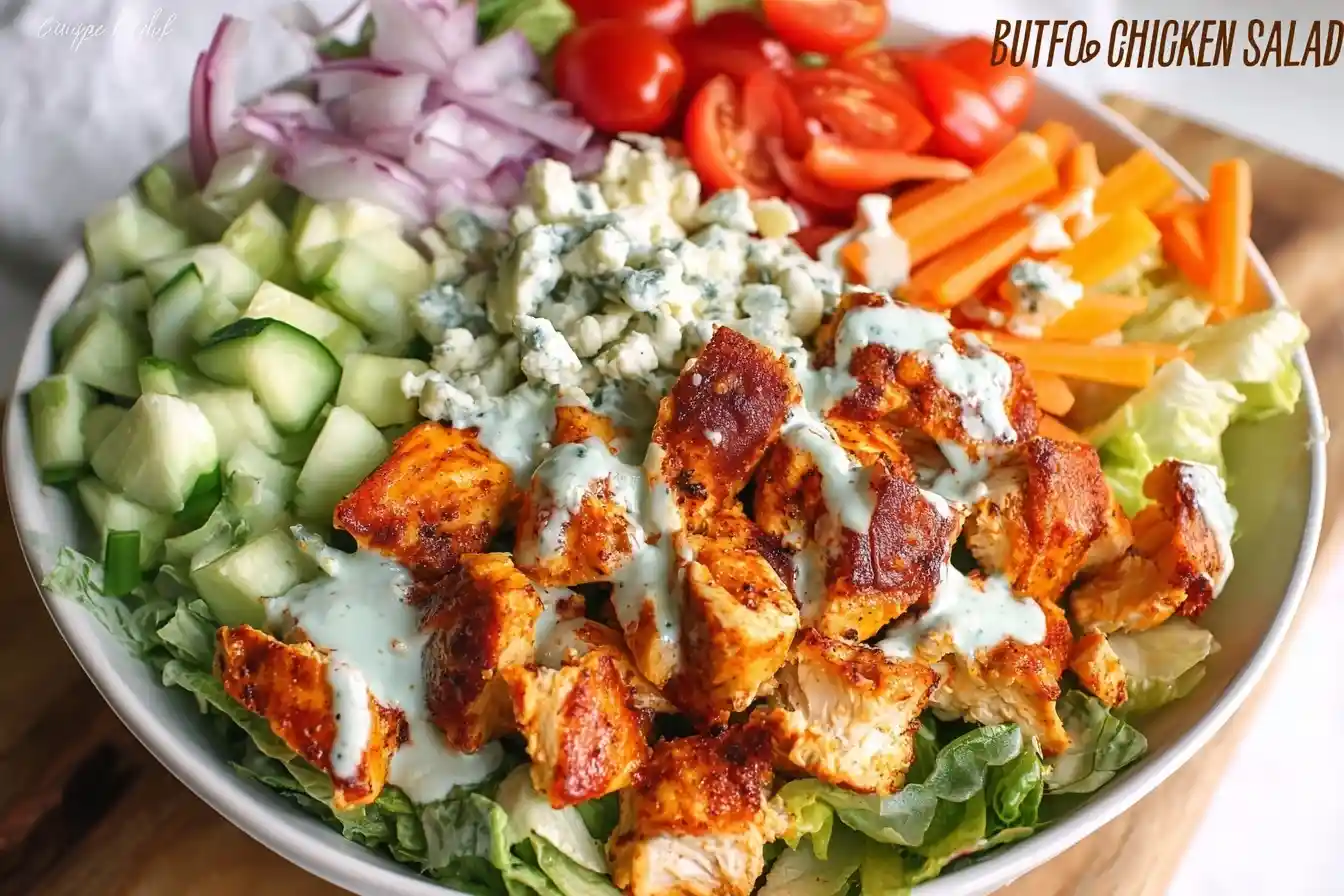 A vibrant Buffalo Chicken Salad in a white bowl, topped with blue cheese, tomatoes, cucumbers, and a creamy dressing.
