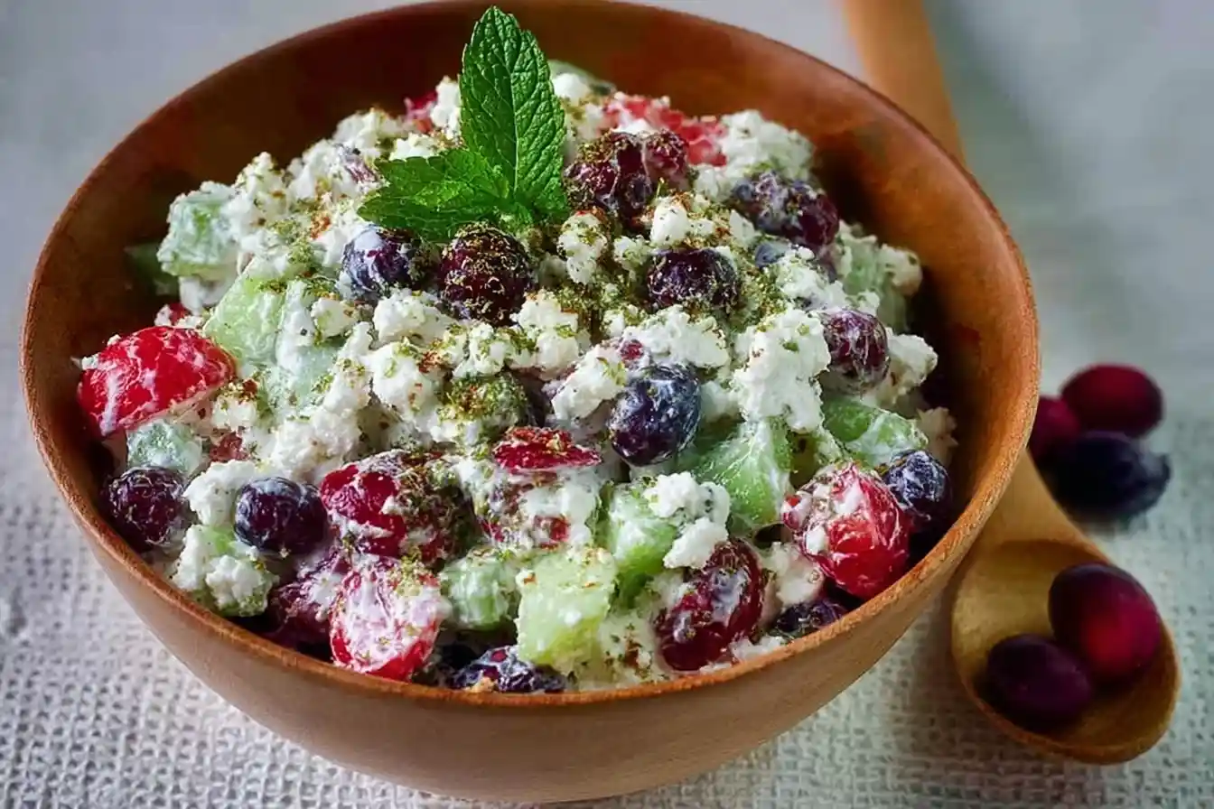 A wooden bowl filled with a fresh Cottage Cheese Salad, mixed with berries, celery, and garnished with a sprig of mint.