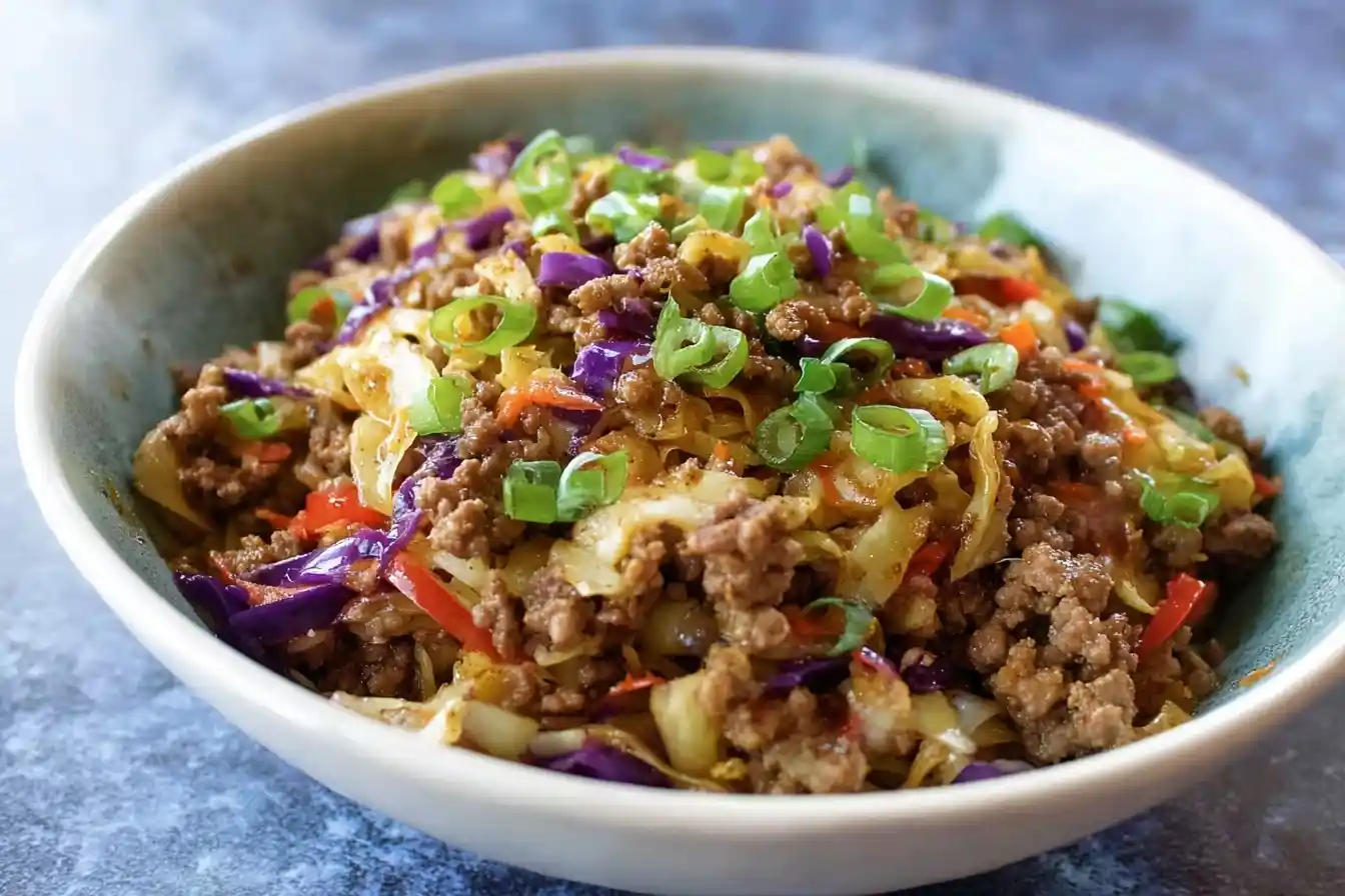 A close-up shot of a savory egg roll in a bowl with ground meat, shredded cabbage, and chopped green onions in a rustic bowl.