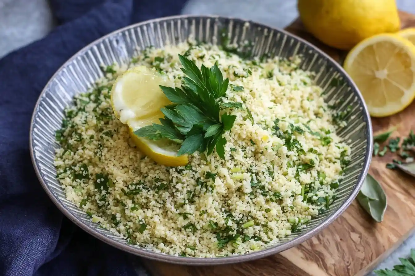 A gray patterned bowl filled with fluffy Lemon Herb Couscous, garnished with a fresh parsley sprig and a lemon wedge.