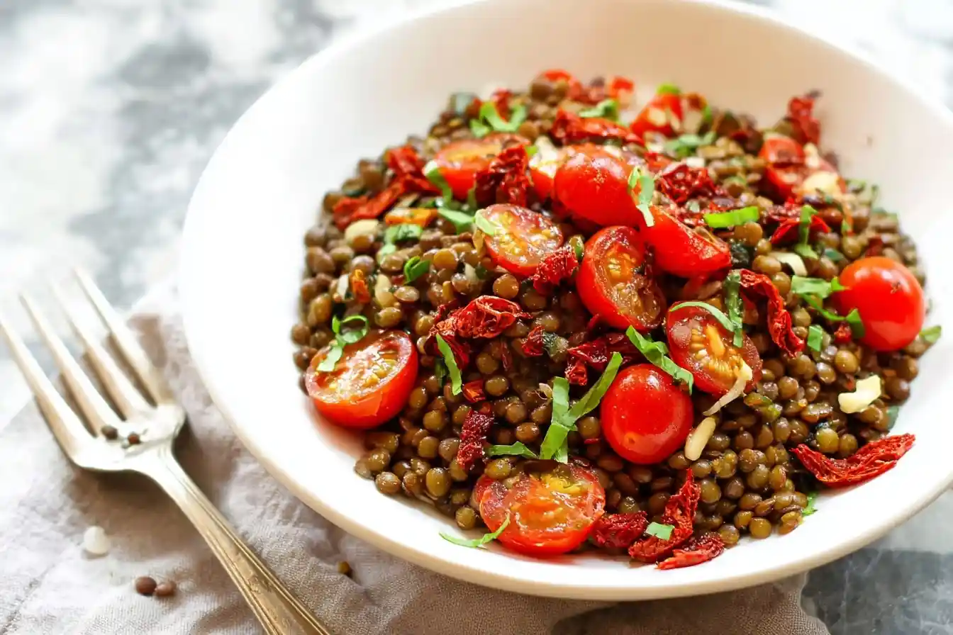 A close-up shot of a healthy lentil salad in a white bowl, topped with fresh cherry tomatoes and sun-dried tomatoes.