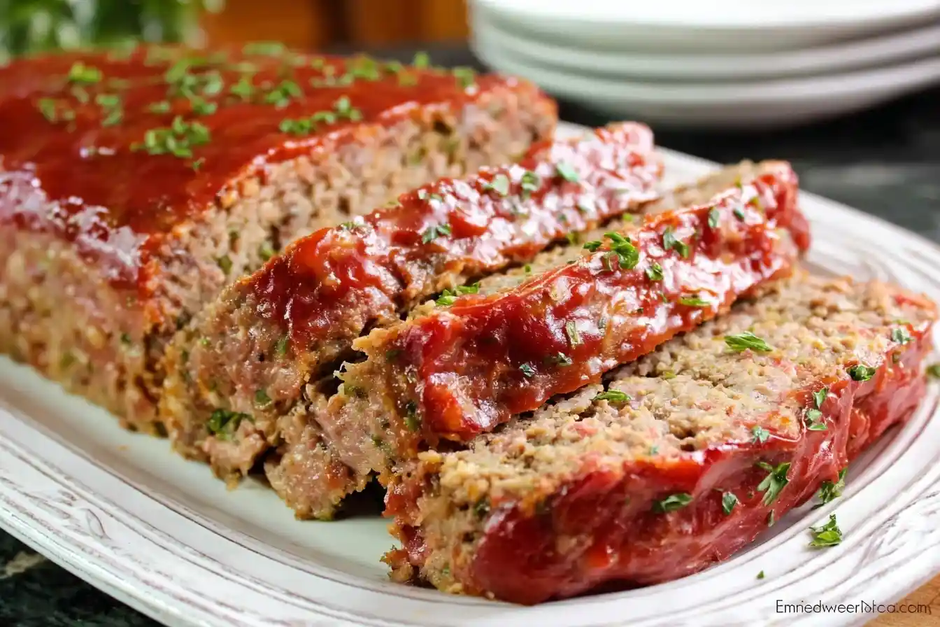 A close-up of a juicy, glazed meatloaf made from a classic meatloaf recipe, sliced and served on a white platter.