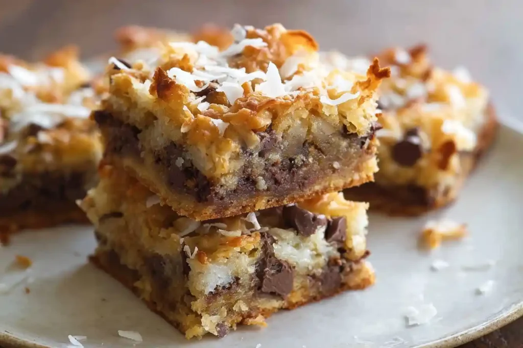 A close-up of two chewy magic cookie bars stacked on a white plate, showing layers of chocolate and toasted coconut.