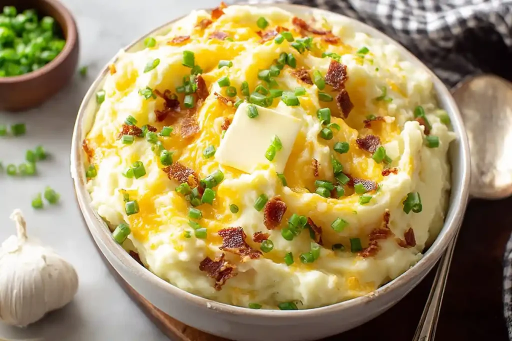 A close-up shot of a steaming bowl of creamy mashed potatoes, topped with a melting pat of butter and garnished with fresh chives.