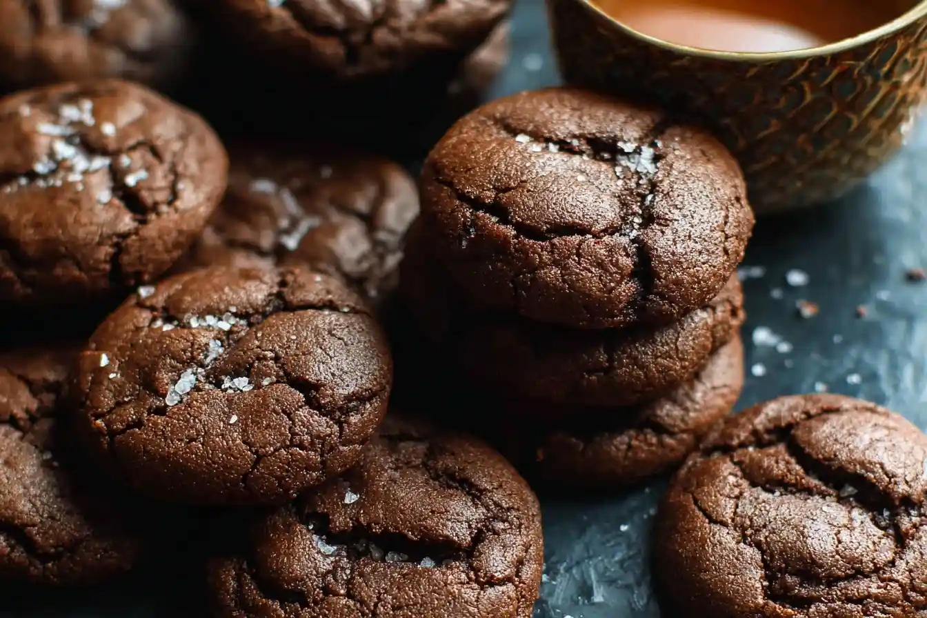 A close-up of a pile of fudgy Salted Chocolate Cookies, with flaky sea salt sprinkled on their cracked tops.