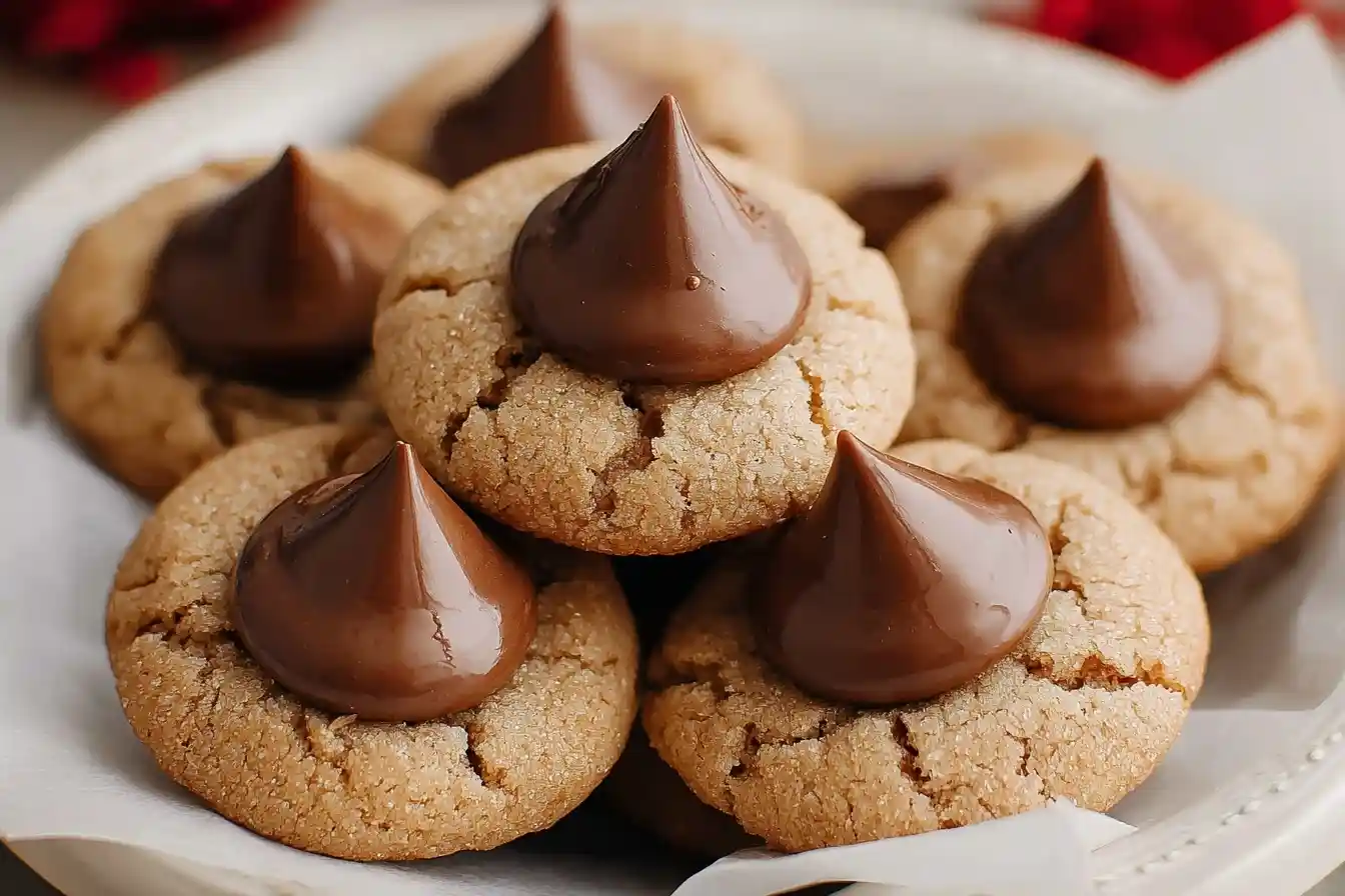 A close-up of a pile of freshly baked peanut butter blossom cookies, each topped with a glossy milk chocolate candy.