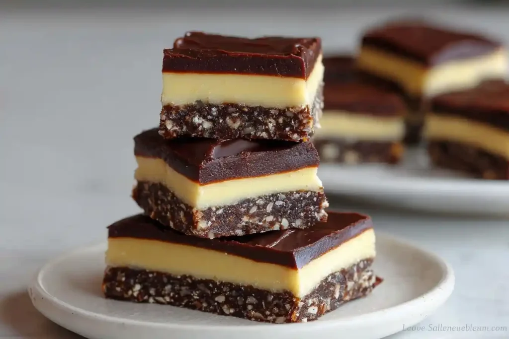 A stack of three homemade Nanaimo bars on a white plate, showing the chocolate, custard, and coconut-nut base layers.