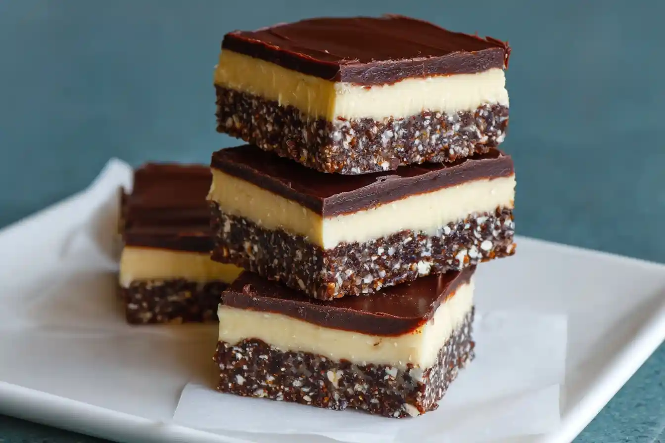 A stack of three perfectly layered Nanaimo bars on a white plate, showing the chocolate, custard, and coconut-graham base.