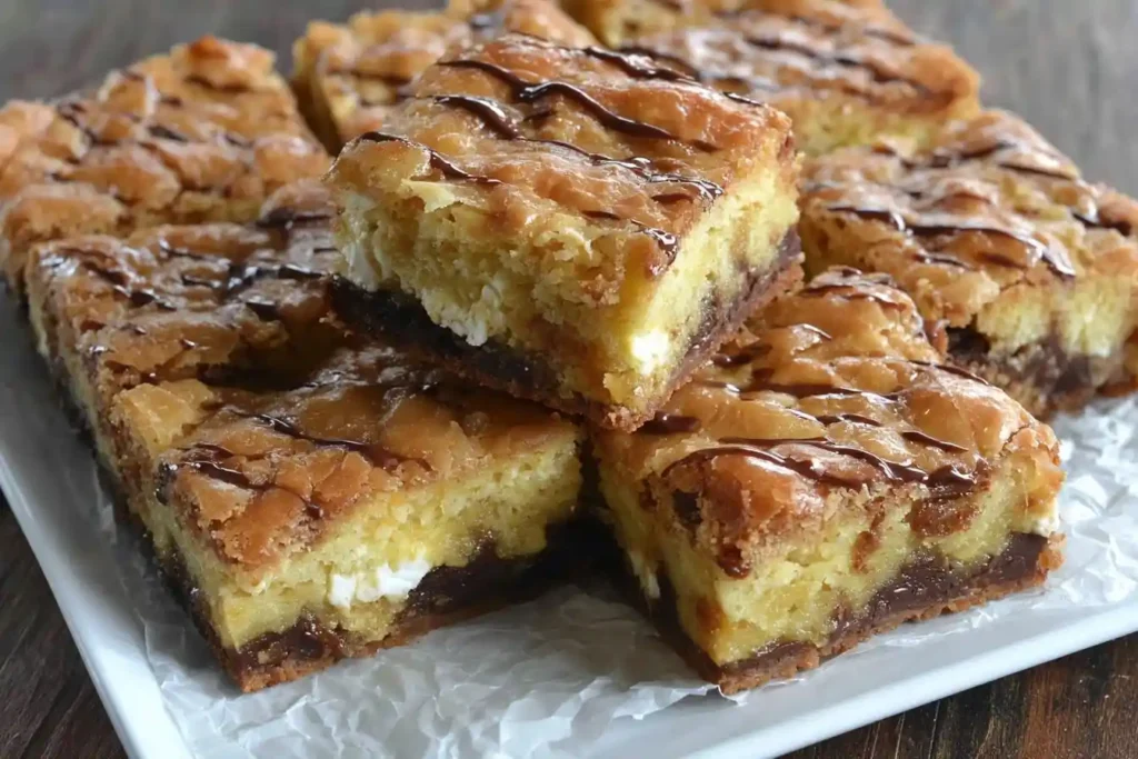 A plate of layered gooey butter bars, cut into squares and drizzled with chocolate, revealing a decadent filling.