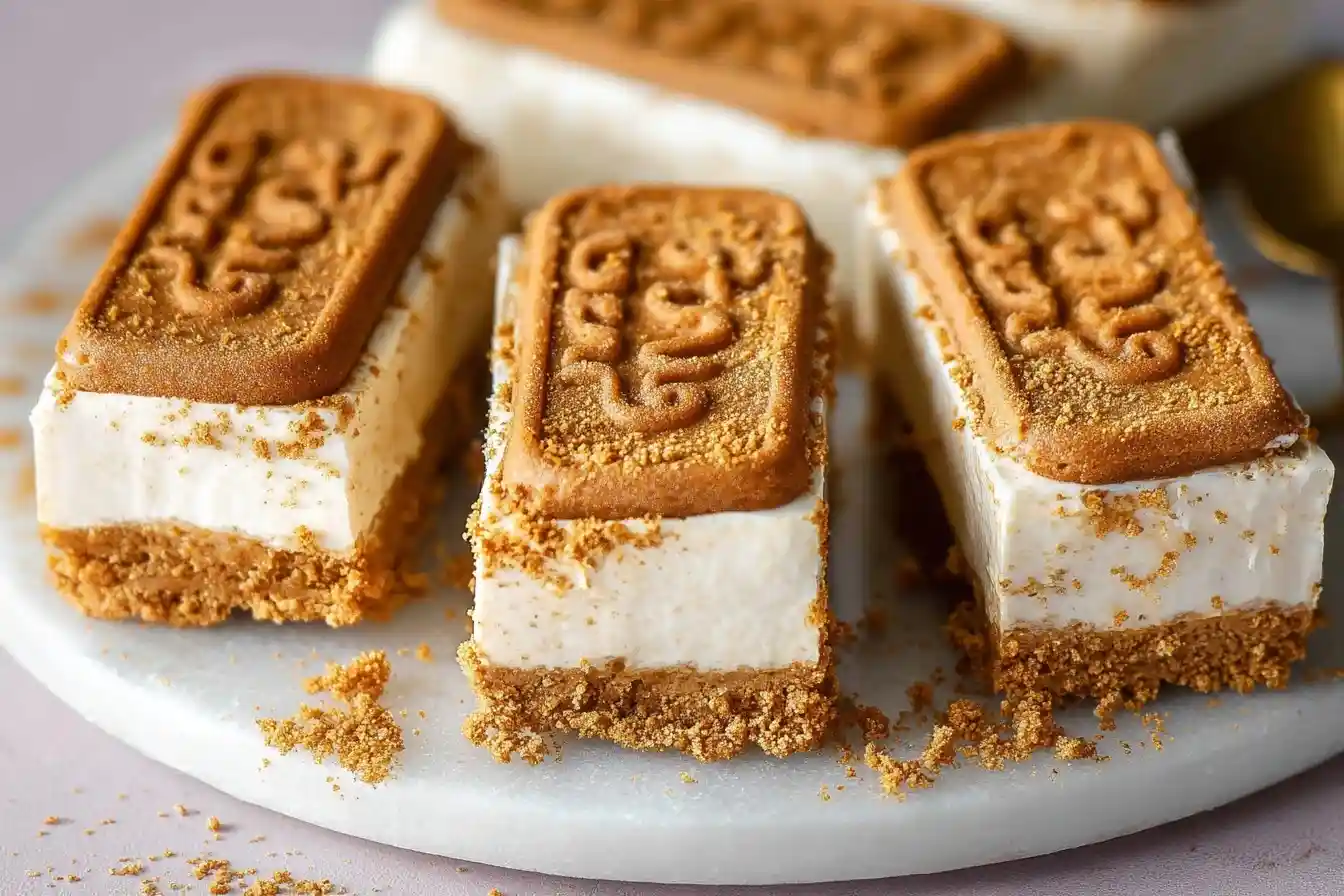 Slices of creamy Biscoff cheesecake on a crunchy biscuit base, each topped with a Lotus Biscoff cookie on a marble plate.
