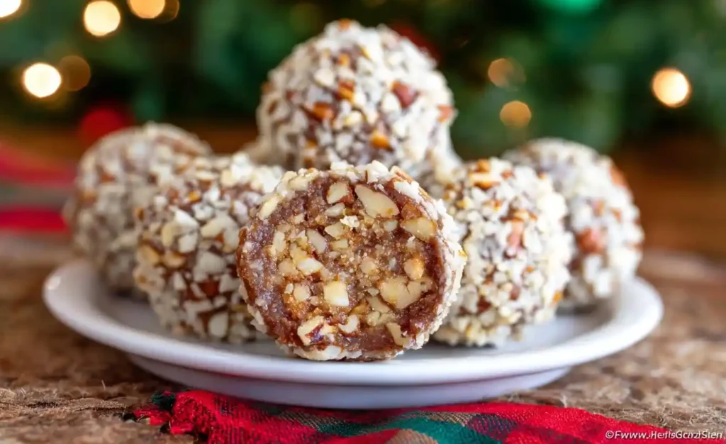 A close-up of homemade Pecan Pie Balls on a white plate, with one cut in half, set against a festive Christmas background.