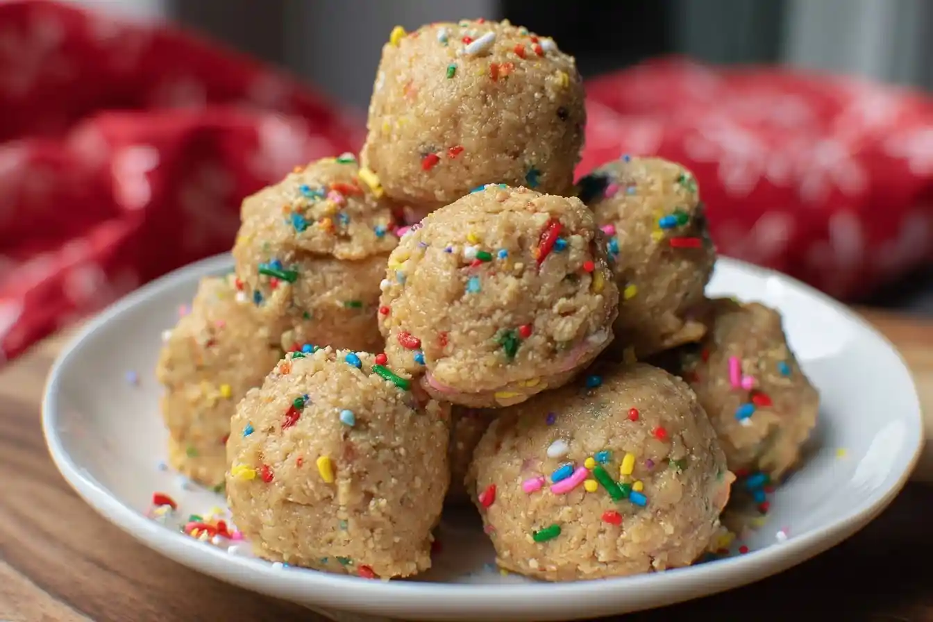A white plate piled high with delicious edible cookie dough bites covered in colorful rainbow sprinkles.