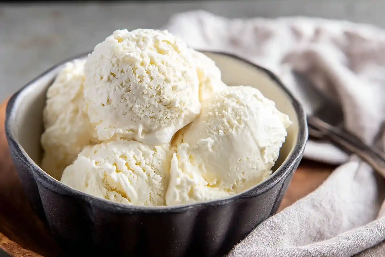 Several scoops of creamy, textured vanilla ice cream served in a dark, fluted bowl with a linen napkin nearby.