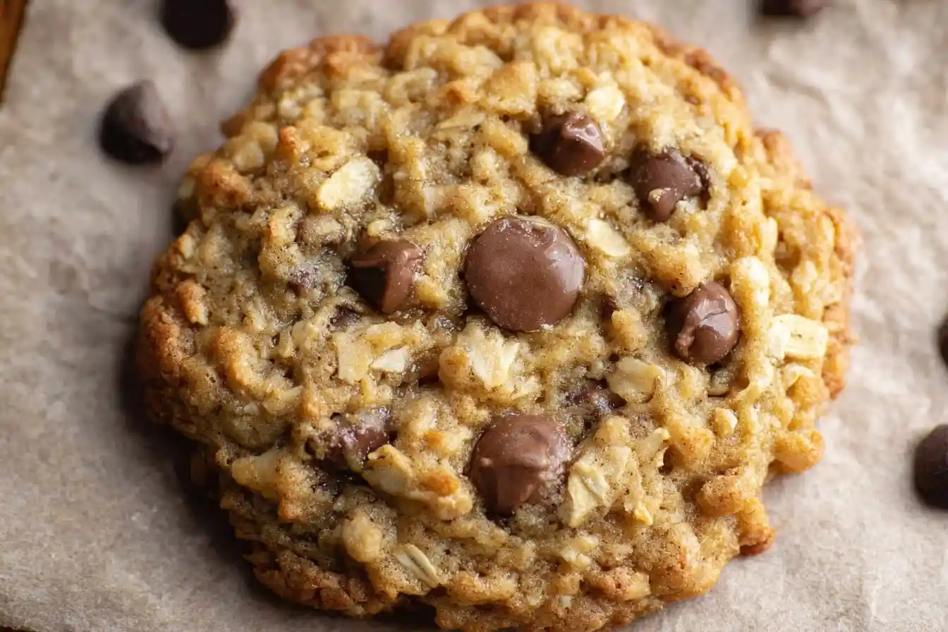 A close-up of a perfectly baked, chewy oatmeal chocolate chip cookie with melted chocolate chips on brown parchment paper.