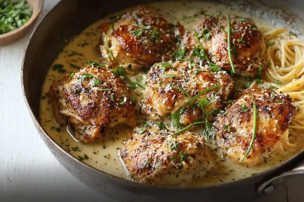 A skillet of delicious {{ $('Fetch Recipe Data').first().json["Main Keyword"] }} thighs simmering in a garlic cream sauce with pasta and fresh herbs.