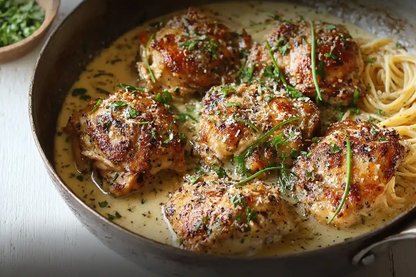 A skillet of delicious {{ $('Fetch Recipe Data').first().json["Main Keyword"] }} thighs simmering in a garlic cream sauce with pasta and fresh herbs.