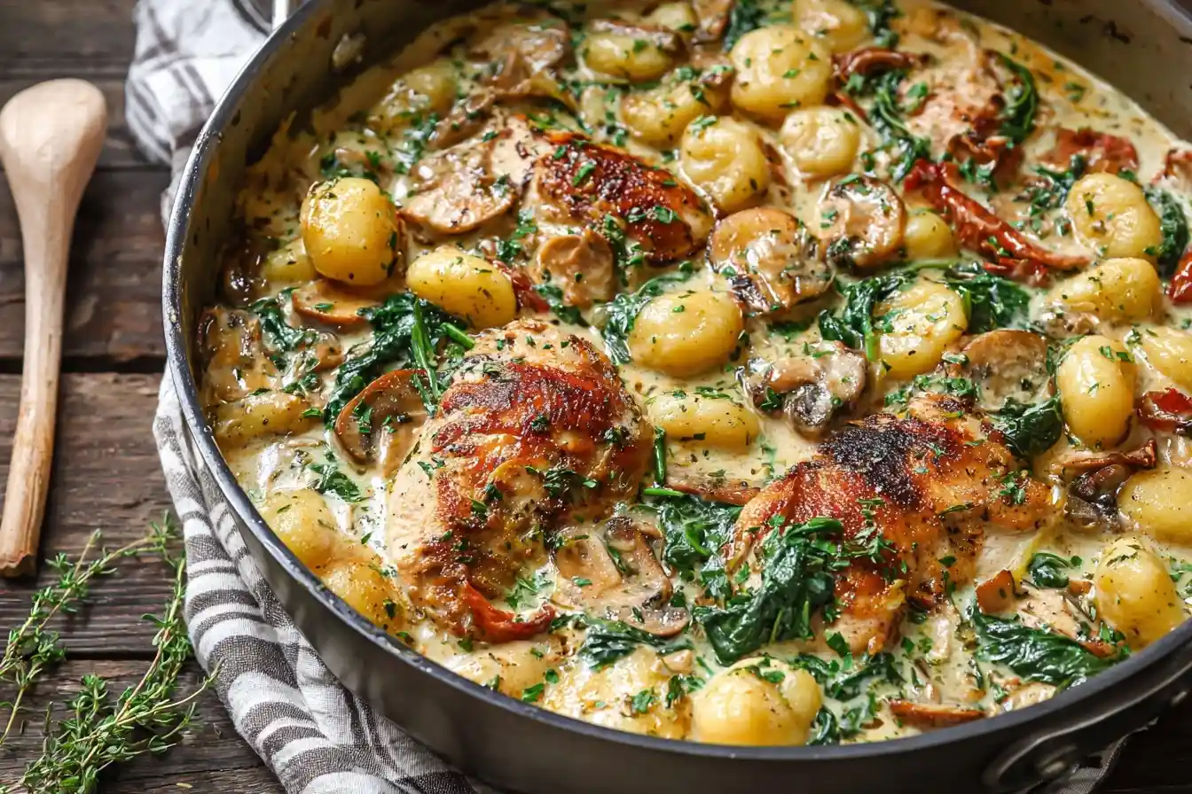 A skillet of Creamy Chicken and Gnocchi with spinach and mushrooms, topped with fresh parsley on a rustic wooden table.