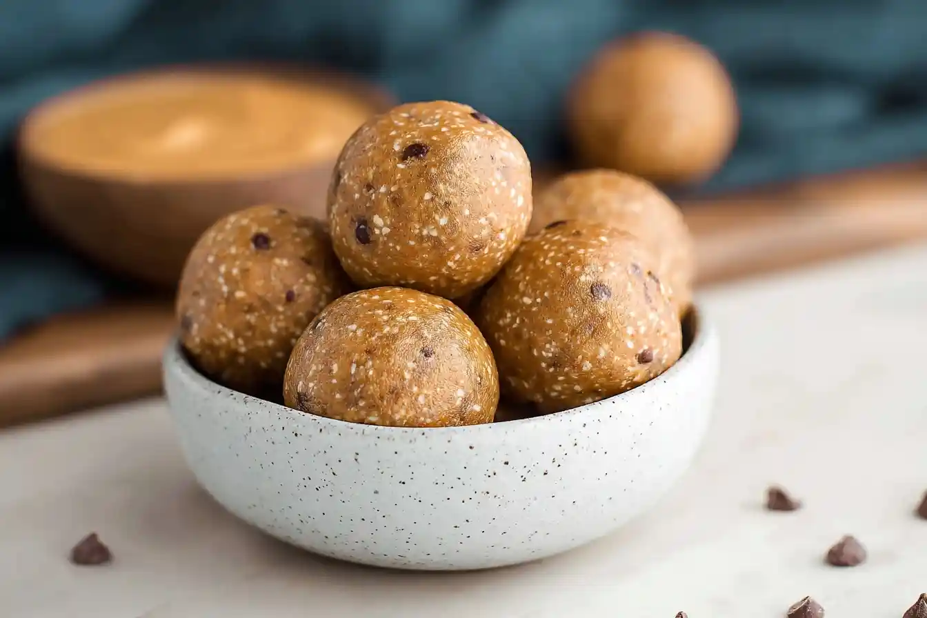 A white speckled bowl filled with delicious peanut butter energy balls studded with mini chocolate chips.