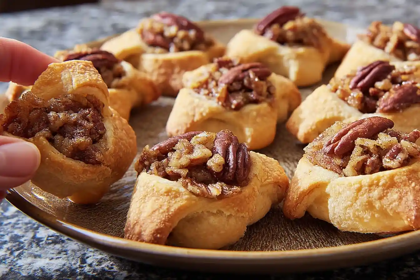 A hand picking up one of many golden-brown pecan pie bites from a rustic brown plate, showing the flaky crust and nutty filling.