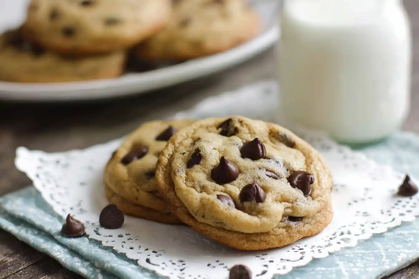 A close-up of two soft chocolate chip cookies on a doily, with a glass of milk in the background.