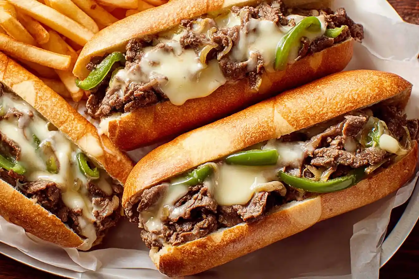 A close-up shot of a classic philly cheesesteak, loaded with thinly sliced steak, melted cheese, and grilled onions on a toasted hoagie roll.