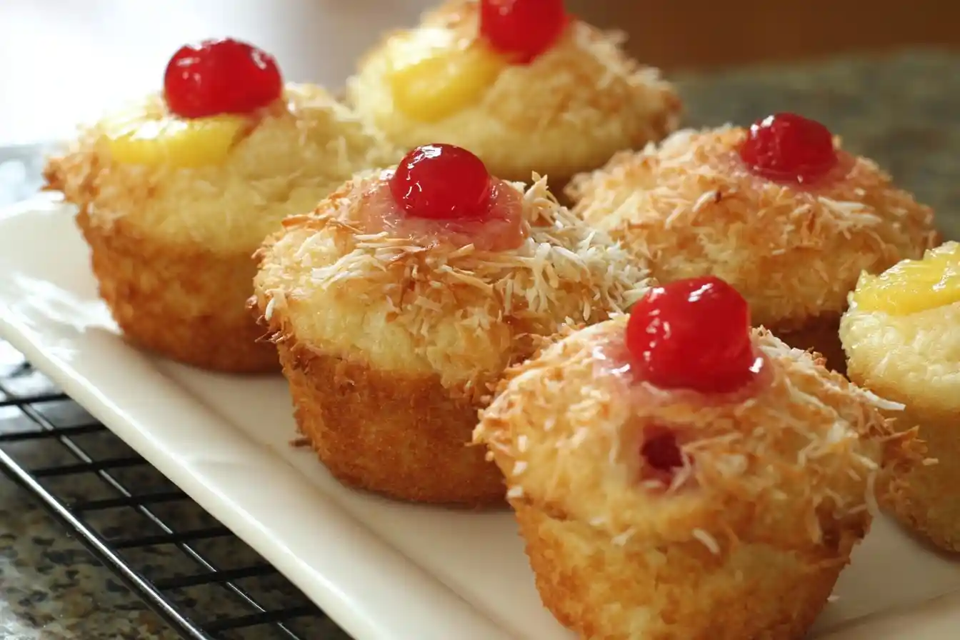 A close-up of delicious piña colada cupcakes on a white plate, topped with toasted coconut and a maraschino cherry.